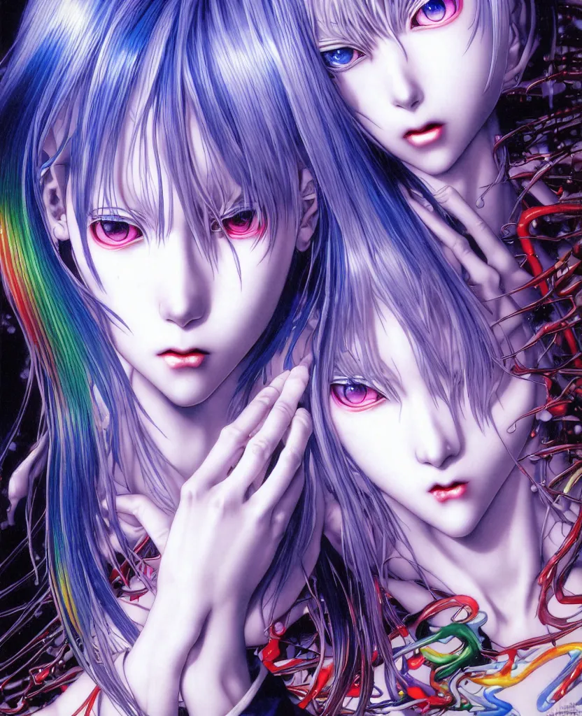 Image similar to realistic detailed image of ultra mega rainbow realistic detailed female character rei ayanami symmetrical depth perception masterpiece depth of field action horror gothic vivid colors art by yoshitaka amano by yukito kishiro by yoshiyuki sadamoto by artgerm by hajime sorayama, no artifacts!!!!!