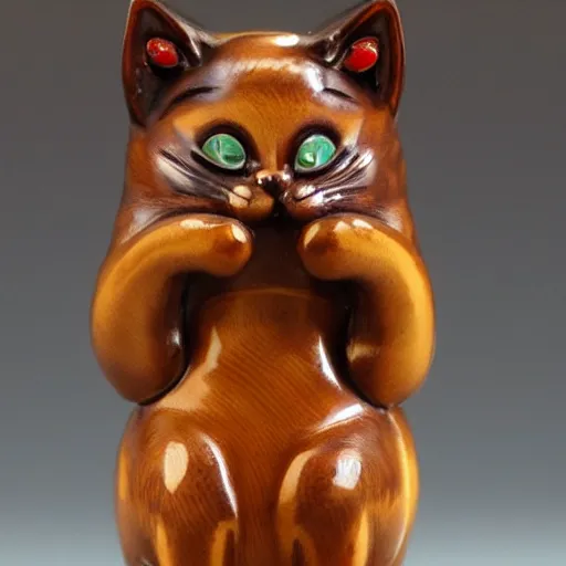 Image similar to elegant seductive anthropomorphic cat figurine wearing a kimono, cast brown resin, toggles, very highly detailed, intricate, monotone, shy looking down