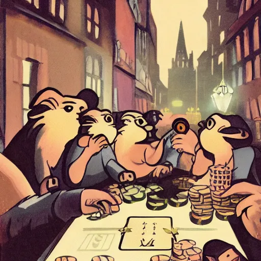 Image similar to fat rats gambling with a single light overhead, down a dark alleyway, smoking, roaring 2 0 s