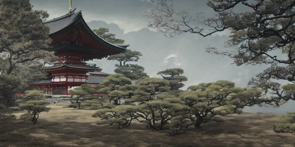Prompt: a film still of a japanese samurai temple in a japanese blockbuster film, landscape, shallow depth of field, cinematic, award winning cgi, vfx, film still