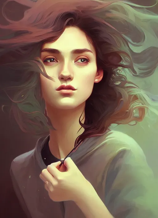 Image similar to handsome young women with shoulder length brown hair, smoke, foggy, half body shot, path traced, highly detailed, high quality, digital painting, alena aenami, lilia alvarado, shinji aramaki, karol bak, alphonse mucha, tom bagshaw