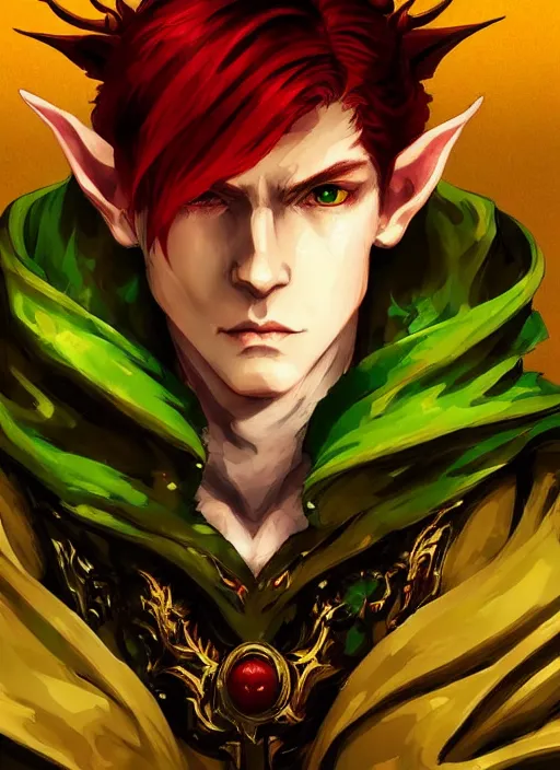 Image similar to Half body portrait of a handsome young red haired elven monk prince with dragon eyes, red, green and gold ornate robe. In style of Yoji Shinkawa and Hyung-tae Kim, trending on ArtStation, dark fantasy, great composition, concept art, highly detailed.