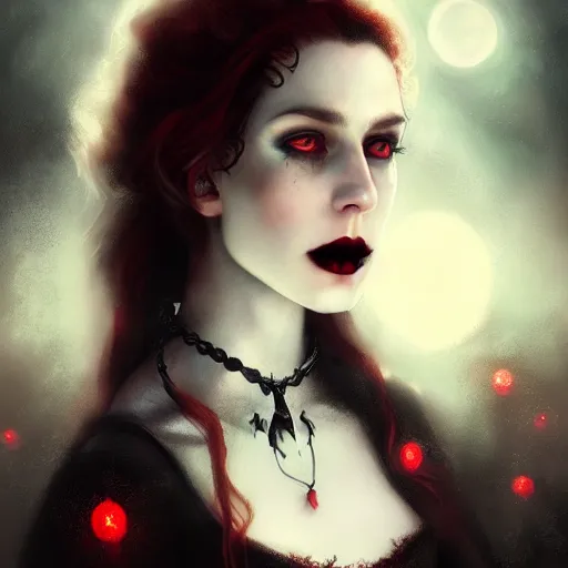 Image similar to portrait of a riveting scottish vampire woman!, atmospheric lighting, gothic makeup, intricate, transylvanian castle, volumetric lighting, beautiful, starlit sky, sharp focus, ultra - detailed, by tom bagshaw leesha hannigan, ross tran, thierry doizon, kai carpenter, ignacio fernandez rios