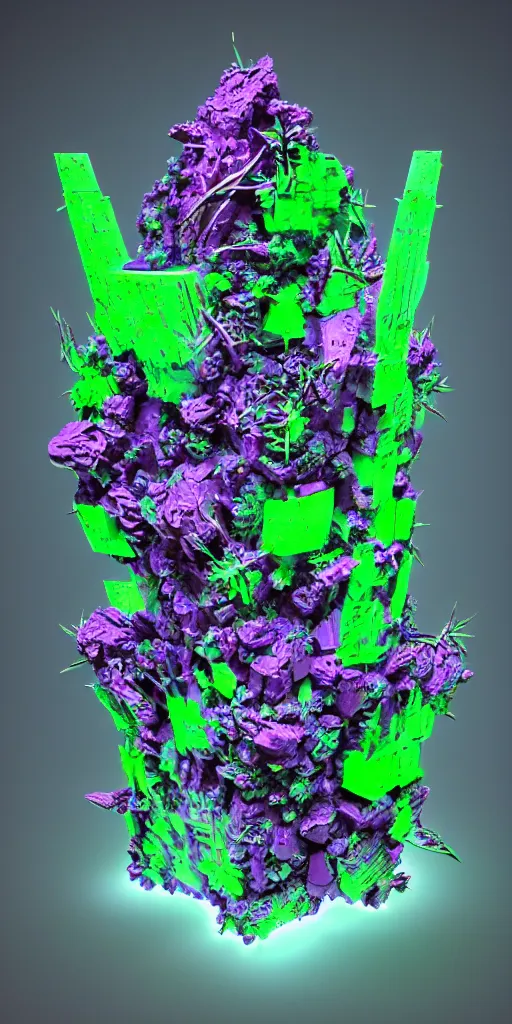 Prompt: 3 d photographic render of a deconstructed asymmetric mandelbulb sculpture, green bioluminescent chrometype, made of liquid purple metal, neotribal with thorns and green thunders, cyberpunk japanese temple, raytraced, hyper realistic, volumetric lightning, 8 k, by zhelong xu, ouchh and and innate studio