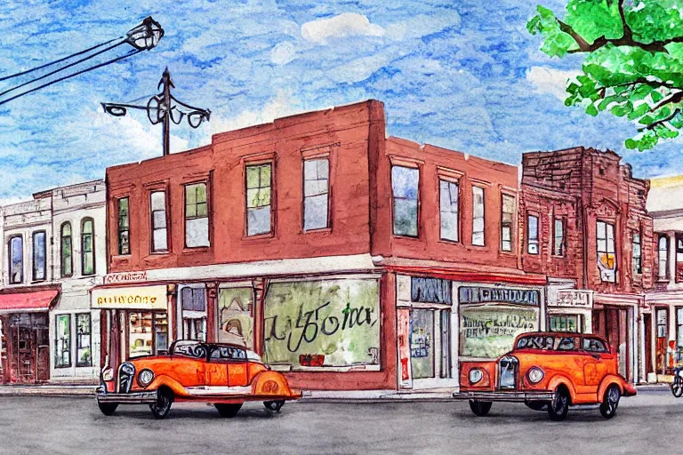 Prompt: a whimsical storybook illustration of a small town main street from the 1 9 5 0 s with a line of brick buildings with business signs over the doors and some late 1 9 5 0 s cars on the road in front of the buildings and one 1 9 3 0 model a hot rod, lowbrow pop art style watercolor