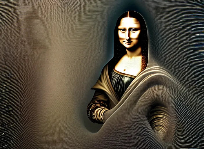 Prompt: hybrid biomechanical mona lisa, white pearlescent, chrome, iridescent metals, liquid gold, biomechanical garment, cinematic, crystalline masterpiece diamond incrustations, hyperdetailed metalwork, in volumetric soft glowing mist by erik johansson full frame mirrorless sensor, movie still, octane render, pixar, crepuscular rays,