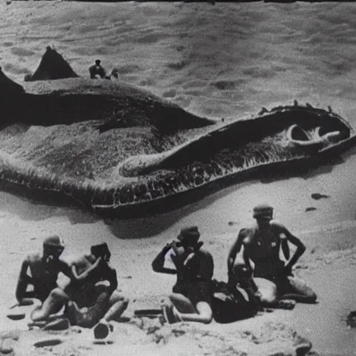 Image similar to 1940s photo, long shot, 5 soldiers looking at a huge creature washed up on a beach