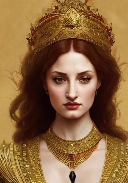Prompt: sansa angeline jolie gessica chastain mummy cleopatra, intricate, elegant, highly detailed, digital painting, artstation, concept art, smooth, sharp focus, illustration, art by artgerm and greg rutkowski and alphonse mucha and william - adolphe bouguereau