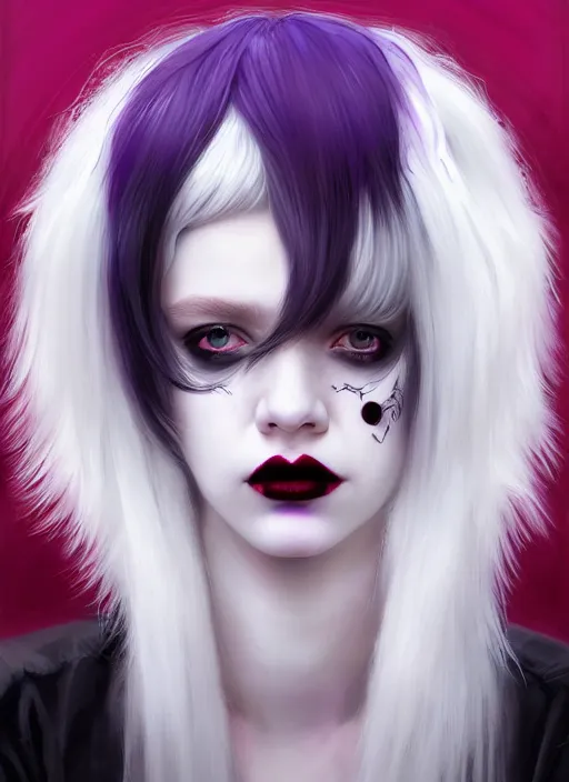 Image similar to portrait of white teenage girl, normal face, white bangs, mall goth, cyberlox, black and white hair, bangs, fluffy bangs, red contact lenses, purple lipstick, intricate, elegant, highly detailed, digital painting, artstation, concept art, sharp focus, smooth, illustration, art by wlop, mars ravelo and greg rutkowski