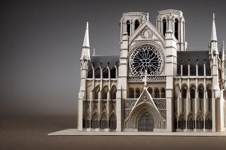 Prompt: paper model of the Notre Dame, hyperrealistic, very fine details, studio light, 8K, product photo, spotlight