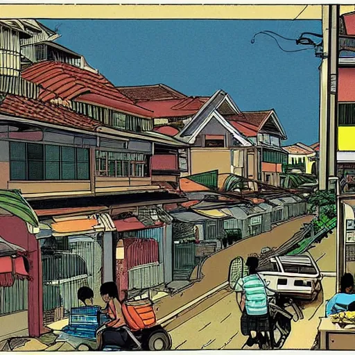 Prompt: a snapshot of daily life in a singaporean neighbourhood, by moebius