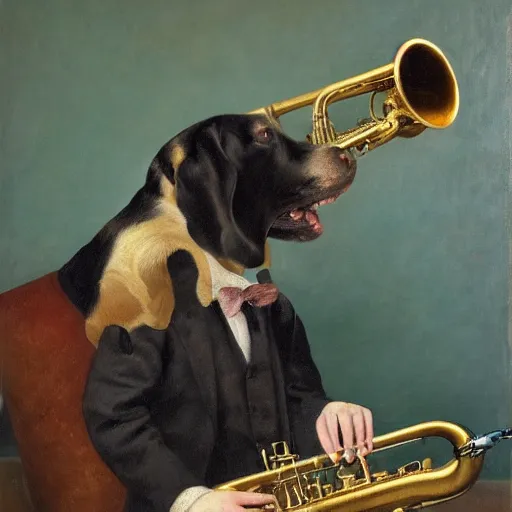 Image similar to a dog plays the saxophone, oil on canvas, 1 8 8 3, highly detailed