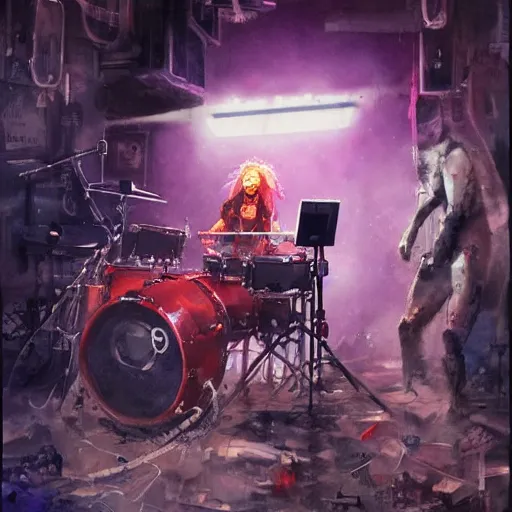 Image similar to Octopus girl playing R&R drum kit in the spotlight with rock band concert, cyberpunk, realistic, detailed, Industrial Scifi, paint, watercolor, in the style of Ashley Wood and Wadim Kashin