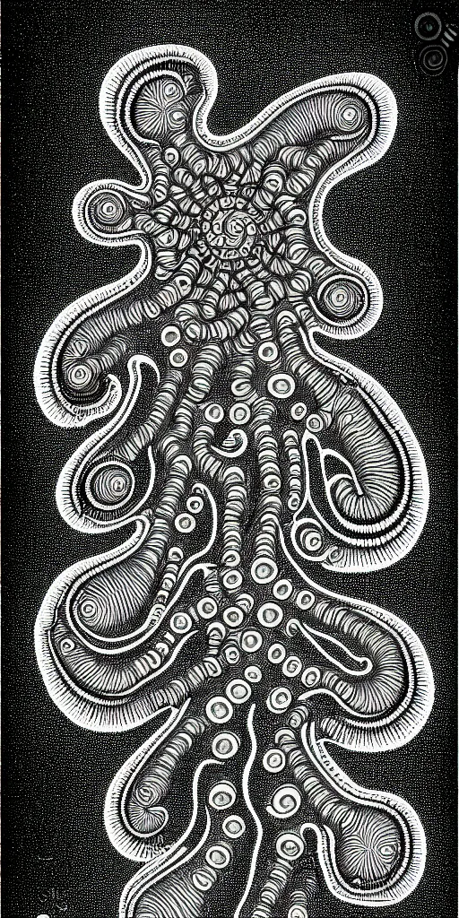 Image similar to a black and white drawing of a variety of sea life, a microscopic photo by ernst haeckel, zbrush central, kinetic pointillism, bioluminescence, intricate patterns, photoillustration