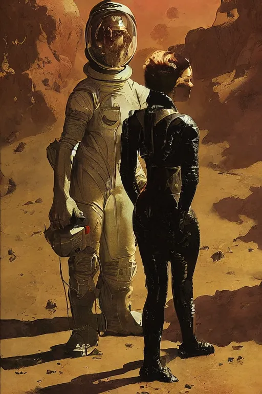 Image similar to pulp scifi fantasy illustration full body portrait of huge martian standing beside elegant woman wearing latex spacesuit, by norman rockwell, jack kirby, bergey, craig mullins, ruan jia, jeremy mann, tom lovell, 5 0 s, astounding stories, fantasy