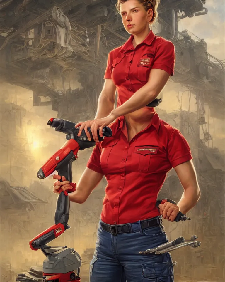 Image similar to epic portrait a slightly muscular woman wearing short sleeved uniform and carrying a red power tool drill, detailed, centered, digital painting, artstation, concept art, donato giancola, Joseph Christian Leyendecker, WLOP, Boris Vallejo, Breathtaking, 8k resolution, extremely detailed, beautiful, establishing shot, artistic, hyperrealistic, beautiful face, octane render