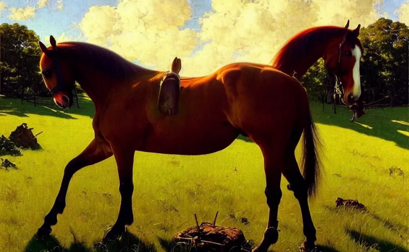 Image similar to a masterpiece oil painting of a horse backlit in a pasture. ultra wide angle, fantasy art, norman rockwell, alex ross, heroic lighting, romance novel cover, very very very beautiful raytraced rendering