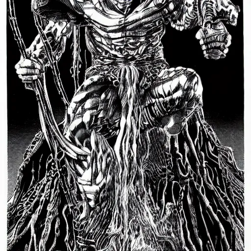 Image similar to Shrike from Hyperion by Kentaro Miura, highly detailed, black and white