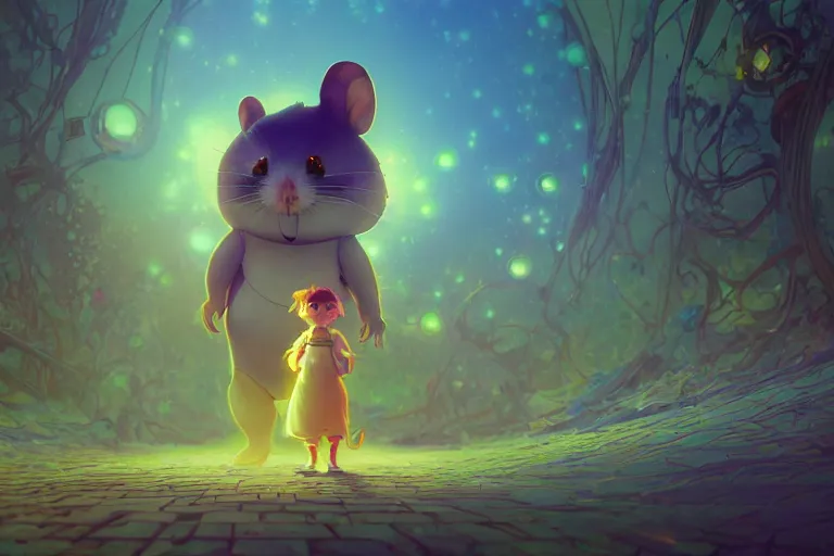 Image similar to a dreamy otherworldly 3 d render of anthropomorphic cyborg rodent on pathway to castle, studio ghibli, pixar and disney exploded - view drawing, sharp, disney octane render splatter paint vray by shinji kimura and alphonse mucha and alena aenami, maximalist pastel color palette, ( ( bloom ) ), dramatic lighting