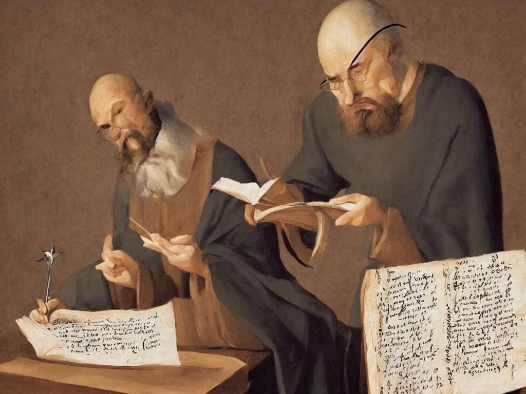 Prompt: saint augustine, furiously scribbling his confessions onto a stack of parchment with a quill, by goro fujita, trending on artstation, 8k, highly detailed, digital graphic art