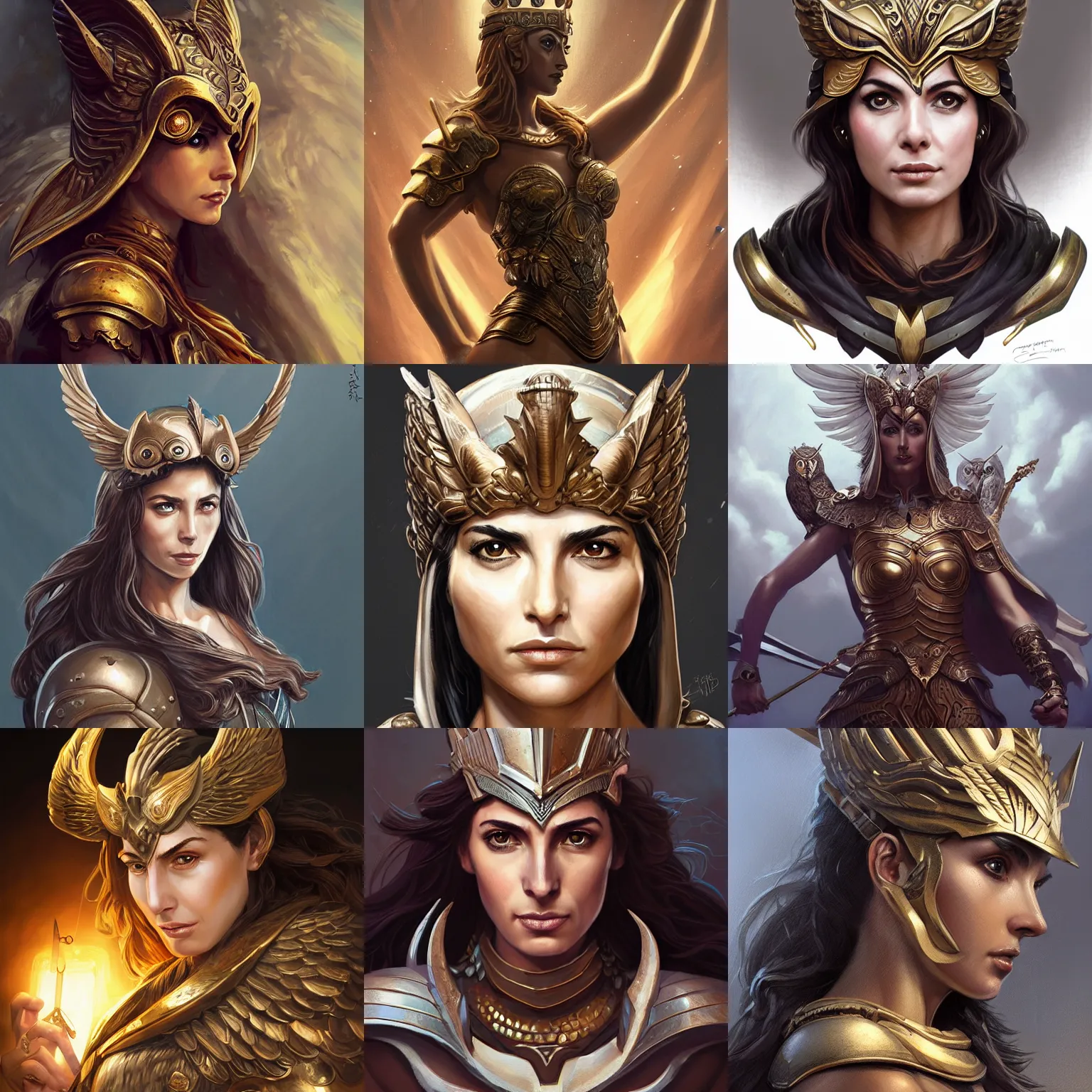 Prompt: athena, greek goddess, claudia black, art by artgerm and greg rutkowski and magali villeneuve, bronze greek armor, owl crown, pet owl, d & d, fantasy, portrait, highly detailed, headshot, digital painting, trending on artstation, concept art, sharp focus, illustration