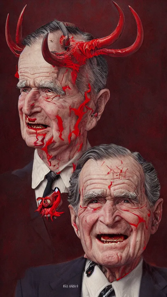 Prompt: demonic george hw bush with red horns, painting in the style of norman rockwell, 1 9 5 0 s, evil, satan, devil, demonic, demon, hyperrealistic, photorealistic, award - winning, 4 k, ultra hd, artstation, intricate, highly detailed, american, usa, dark, gritty