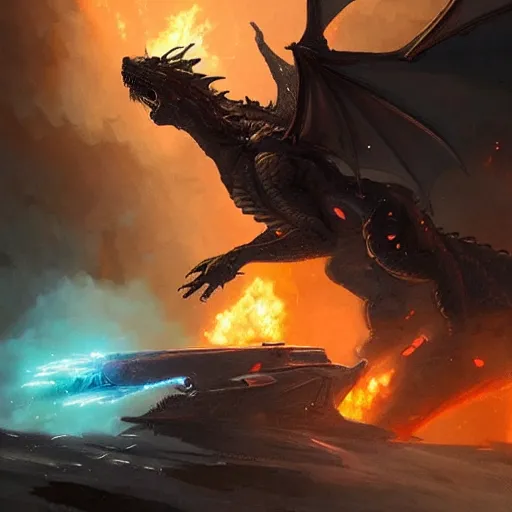 Image similar to a dragon spits fire at a spaceship, artstation, Digital art, Greg rutkowski