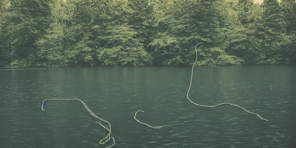 Image similar to symmetrical photograph of an infinitely long rope submerged on the surface of the water, the rope is snaking from the foreground towards the center of the lake, a dark lake on a cloudy day, trees in the background, moody scene, dreamy kodak color stock, anamorphic lens