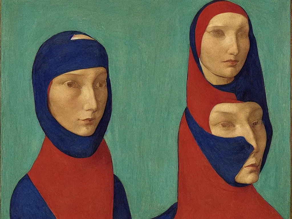 Image similar to portrait of a woman head with niqab. lapis - lazuli, turquoise, malachite, cinnabar, earth brown. painting by piero della francesca, balthus, agnes pelton