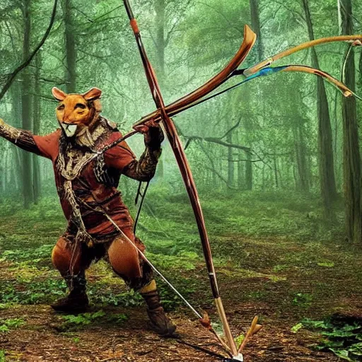 Prompt: a ancient hunter creeping through woods filled with large trees and vines, holding a bow and arrow, wearing animal skin clothing, in the style of bordalo ii