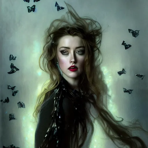 Prompt: hyperrealistic portrait of amber heard as a vampire witch in a black coat covered eyes sapphire butterflies in a mystic clouds smoke fog sky stars at dusk falling organic leaves fire. by jeremy mann and alphonse mucha, fantasy art, photo realistic, dynamic lighting, artstation, poster, volumetric lighting, very detailed faces, medium shot, 4 k, award winning