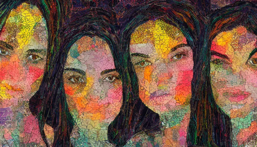 Prompt: portrait of twins, collage art, mixed media, enchanting, dramatic lighting, highly detailed, 8k, vibrant