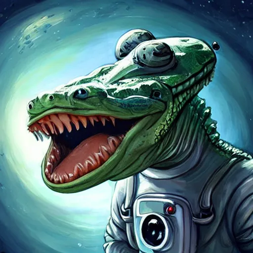 Prompt: a cute happy crocodile astronaut in a white spacesuit, open happy mouth, realistic crocodile head, cartoonish, stupid looking, smiling, beautiful, matte fantasy painting, deviantart artstation, by jason felix by steve argyle by tyler jacobson by peter mohrbacher, cinematic lighting