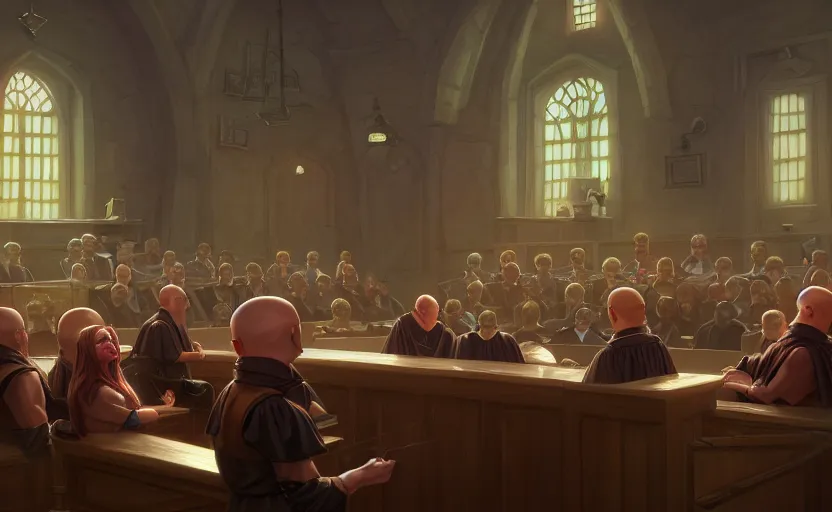 Image similar to the courtroom, close up a bald man in a skirt, no blur, 4 k resolution, ultra detailed, style of marc simonetti, tyler edlin, deviantart