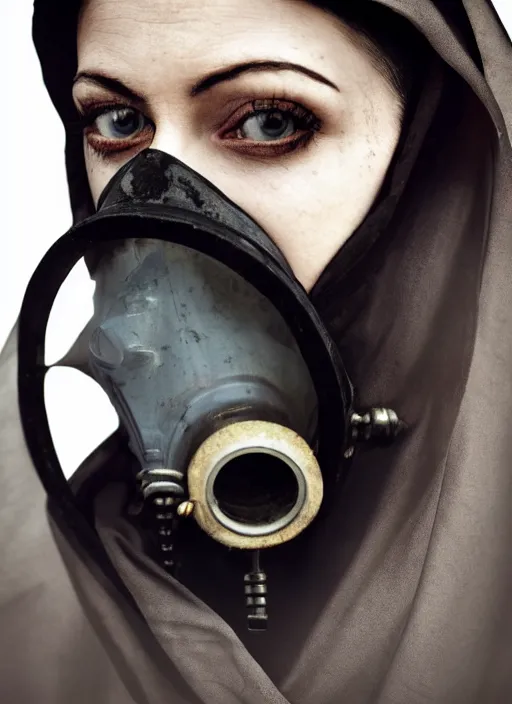 Image similar to closeup portrait of a gothic nun wearing a gas mask, depth of field, zeiss lens, detailed, symmetrical, centered, fashion photoshoot, by Annie Leibovitz and Steve McCurry, David Lazar, Jimmy Nelsson, Breathtaking, 8k resolution, extremely detailed, beautiful, establishing shot, artistic, hyperrealistic, beautiful face, octane render