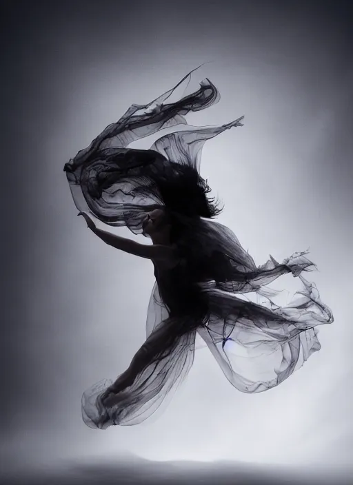 Image similar to a Photorealistic dramatic hyperrealistic render of a glamorous beautiful Female smoke dancer by Ken Brower and Deborah Ory of NYC Dance project,Lois Greenfield,Flowing cloth and smoke,Beautiful dynamic dramatic dark moody lighting,volumetric,shadows,cinematic atmosphere,Octane render,8K