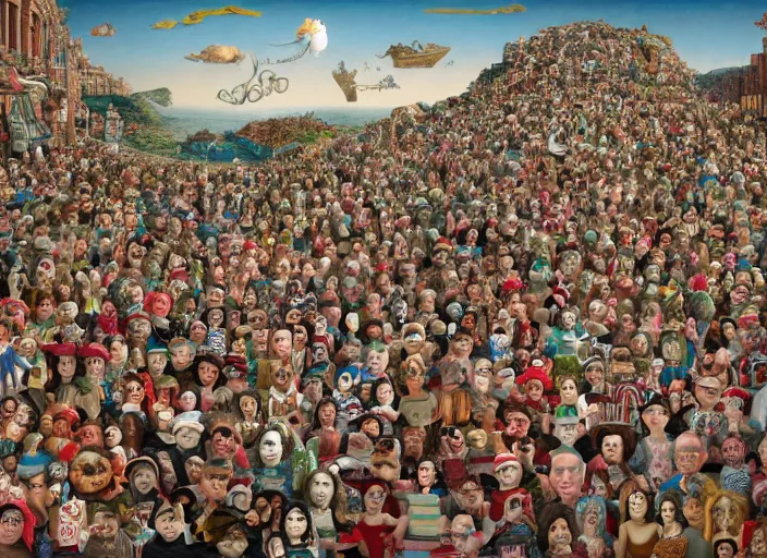 Image similar to where's waldo, lowbrow, matte painting, 3 - d highly detailed, in the style of mark ryden, salvador dali