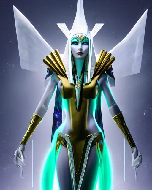 Image similar to perfect white haired attractive egyptian goddess, warframe armor, pharaoh headdress, beautiful, symmetric, dreamy, half asian, pretty face, green eyes, charlize theron, detailed, scifi platform, laboratory, experiment, 4 k, ultra realistic, epic lighting, android body, illuminated, cinematic, masterpiece, art by akihito tsukushi, voidstar