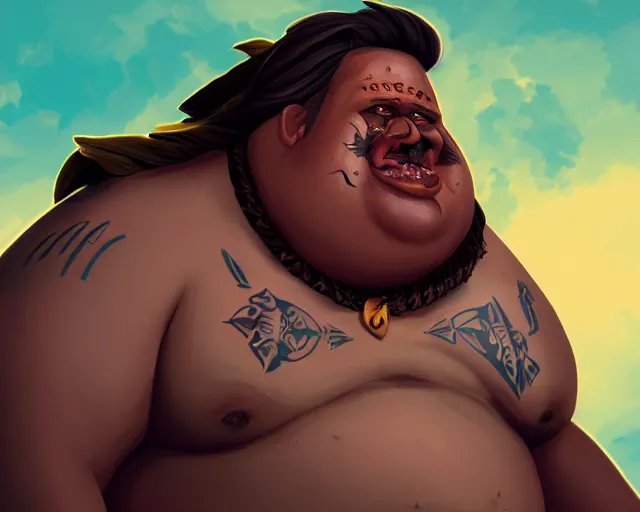 Image similar to sea of thieves character portrait concept art for an obese chubby huge tribal native man with polynesian tattoos on his face and a nose ring, cgsociety, trending on artstation, rare ltd,