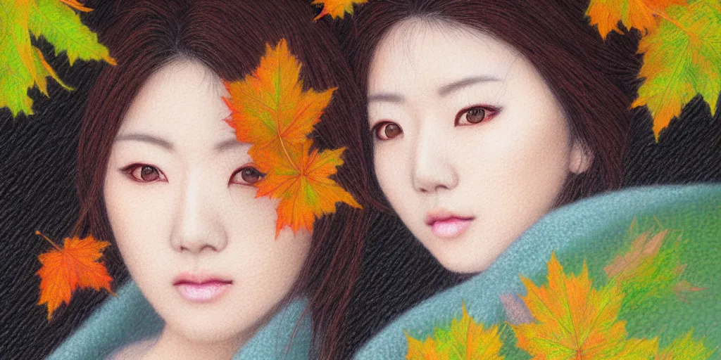 Prompt: detailed pastel colors portrait of a japanese woman made of autumn leaves, by artgerm, fine detail, 8 k