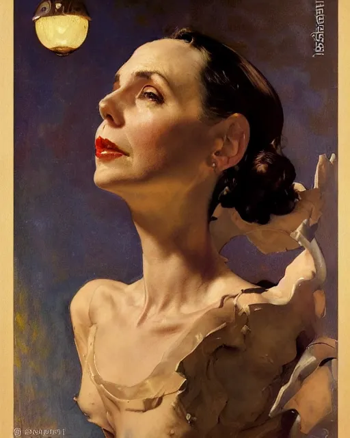 Prompt: head and upper body portrait of elegant striking mature space woman by norman rockwell, roberto ferri, daniel gerhartz, edd cartier, jack kirby, howard v brown, ruan jia, tom lovell, frank r paul, dean cornwell, astounding stories, amazing, fantasy, other worlds