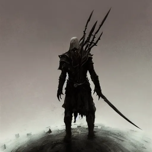 Image similar to executioner concept art, long shot, beksinski, wayne barlowe, adrian smith concept art, ruan jia, weta workshop the hobbit, trending on artstation, dark soul concept art, elden ring concept art, demon soul concept art, the witcher concept art