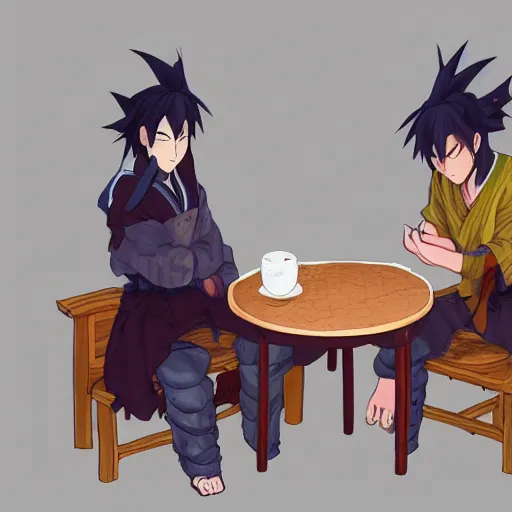 Prompt: yasuo having tea with his brother yone 4K detailed