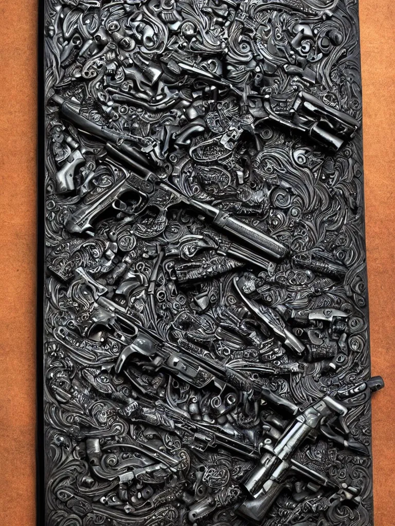 Prompt: carving in dark black steel of machine guns shotguns rifles revolvers bullets, dark vintage paperback cover, ultrarealistic, intricate details, 4k