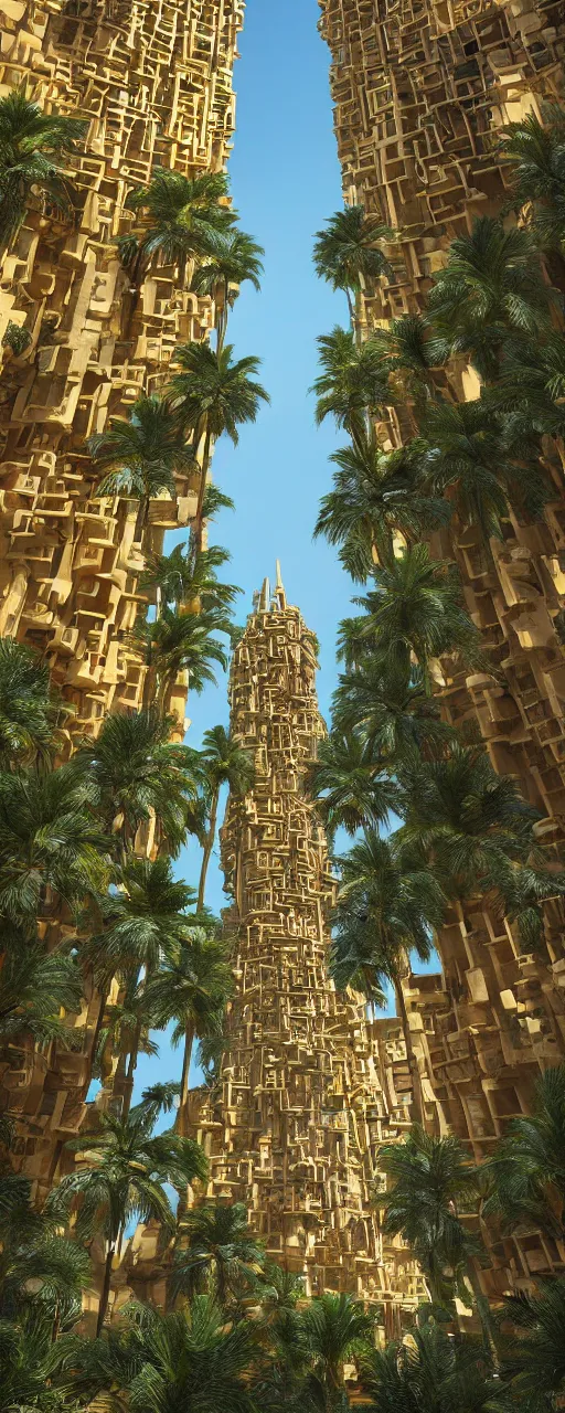 Image similar to eye level view of single tower, golden facade babylon tower, sacred ancient architecture, hanging gardens, cascading highrise, arid mountains with lush palm forest, sunlight, post - production, octane, cgi, sfx