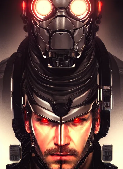 Image similar to symmetry!! portrait of solid snake, metal gear solid, tech wear, glowing lights!! intricate, elegant, highly detailed, digital painting, artstation, concept art, smooth, sharp focus, illustration, art by artgerm and greg rutkowski and alphonse mucha