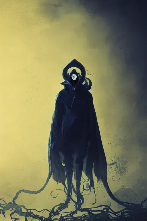 Image similar to A full body portrait of a mysterious character with no face with a very long hooded yellow cloak, a golden crown floating above his head tentacles coming out the ground art by Maciej Kuciara and Jason Chan, ominous, cosmic horror, trending on artstation, Ultra detailed, hyper realistic 4k