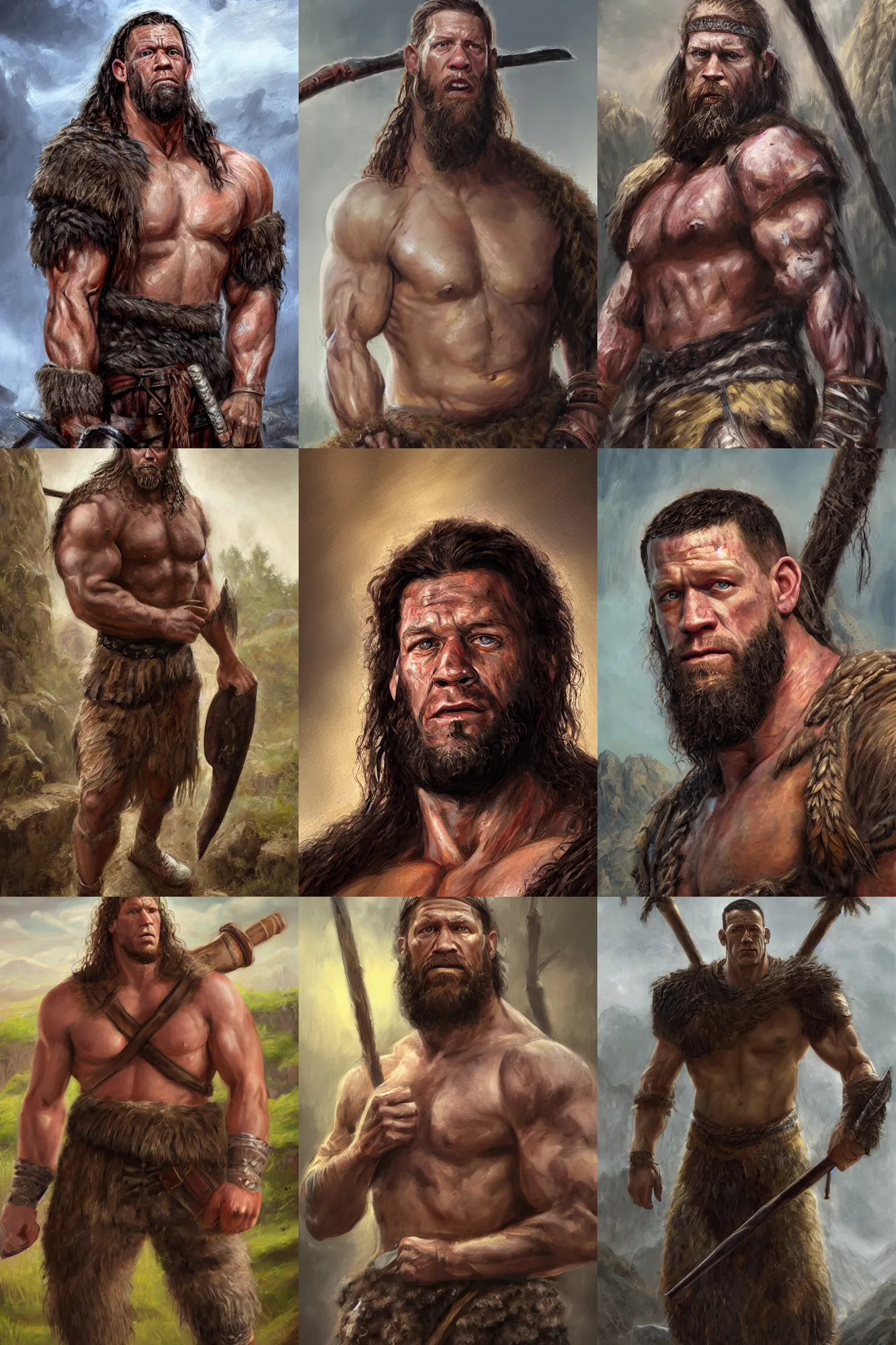 Prompt: a full body high detail fantasy portrait oil painting illustration of John Cena as a single rugged stoic barbarian man by Justin Sweet with face and body clearly visible, in a scenic background, pupils visible, realistic proportions, d&d, rpg, forgotten realms, artstation trending, high quality, sombre mood, artstation trending, muted colours, no crop, entire person visible!, natural light, Adobe Photoshop, Adobe Lightroom, photolab, Affinity Photo,