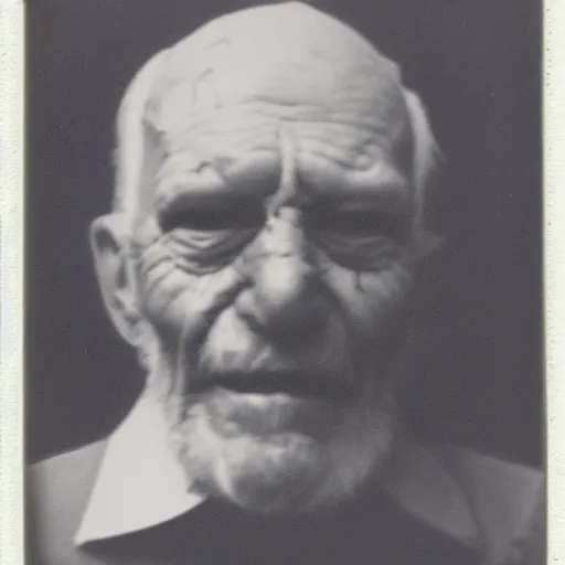 Image similar to a realistic polaroid photo of an old man after a failed experiment inside a laboratory, the head of the old man is dark, evil god, smoke, fire, demon, cursed, cosmic horror