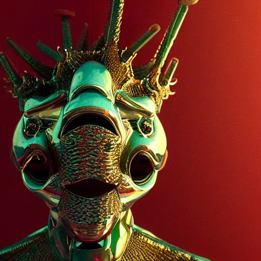 Image similar to hyperrealism aesthetic close - up photography computer simulation visualisation in araki nobuyoshi style of parallel universe surreal movie scene with detailed stylish medieval dragon wearing neorofuturistic sci - fi crown designed by josan gonzalez. hyperrealism photo on pentax 6 7, by giorgio de chirico volumetric natural light rendered in blender